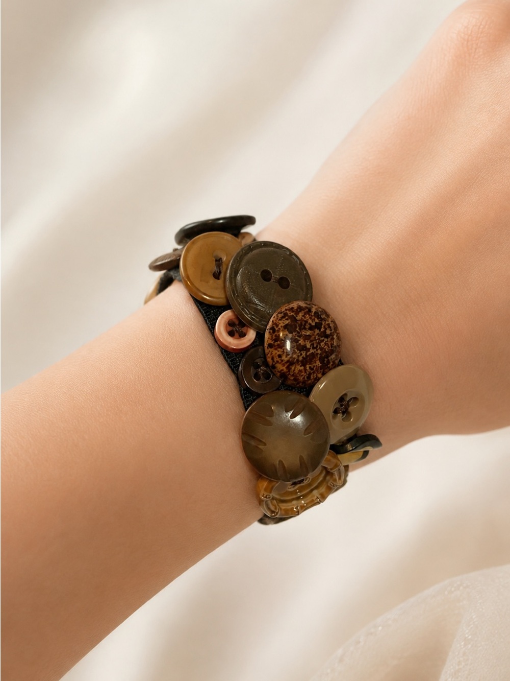 Handmade Vintage Button Stretch Bracelet Boho Cottagecore Indie Retro
